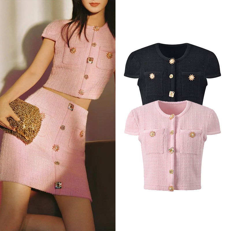 Lenora Crystal Button Up Tweed Crop Top - ALLARA