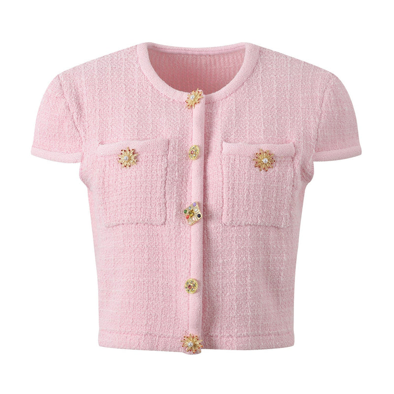 Lenora Crystal Button Up Tweed Crop Top - ALLARA