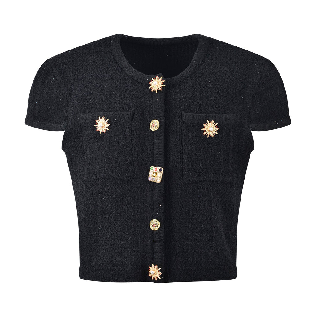 Lenora Crystal Button Up Tweed Crop Top - ALLARA