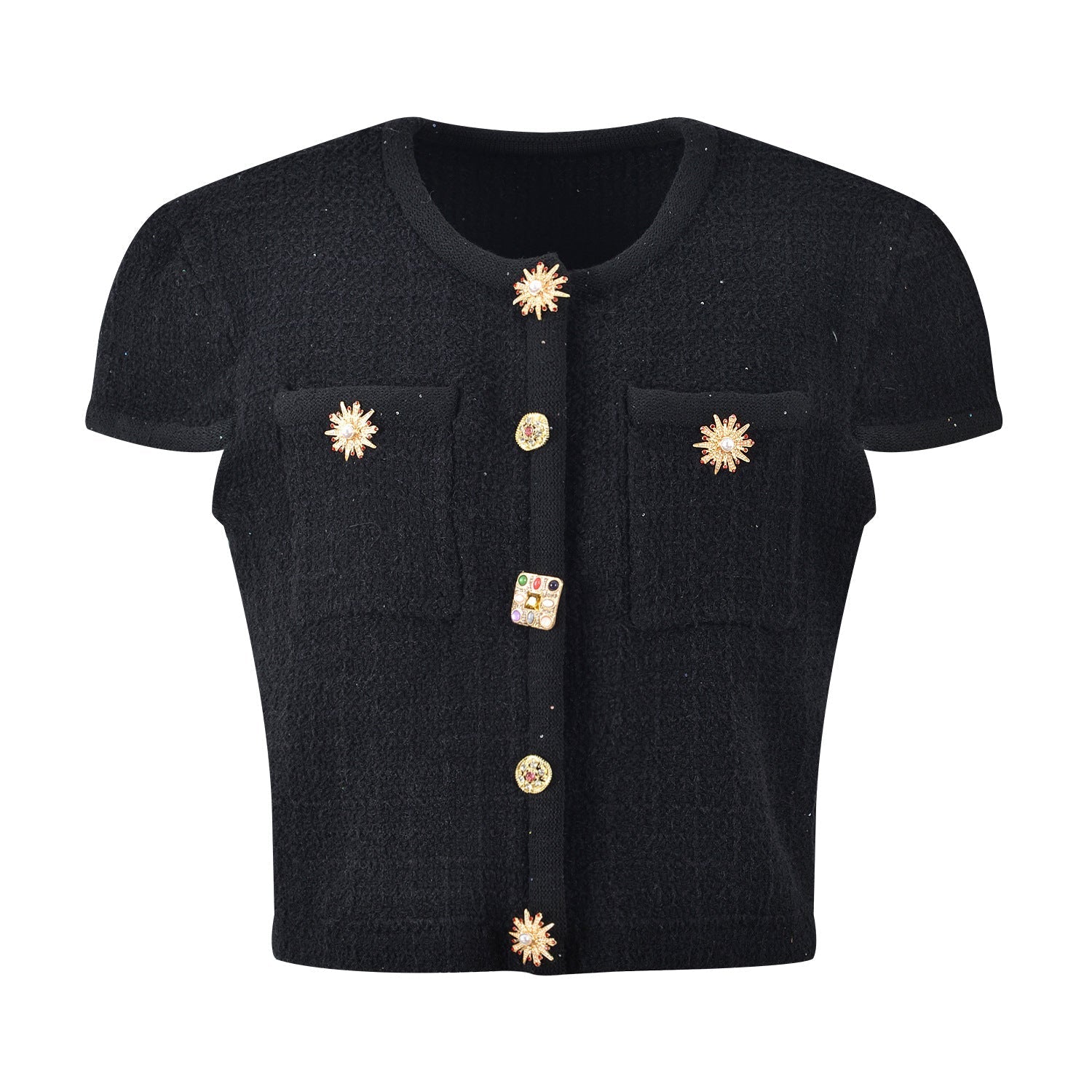 Lenora Crystal Button Up Tweed Crop Top - ALLARA