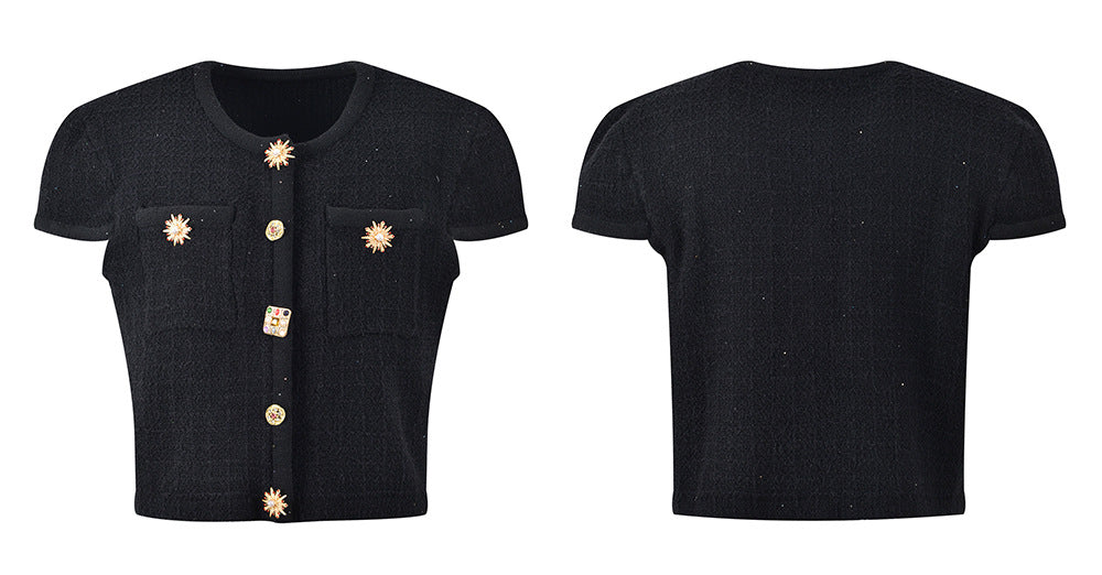 Lenora Crystal Button Up Tweed Crop Top - ALLARA