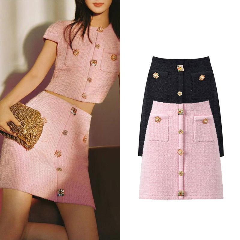 Lenora High Waist Tweed Crystal Button Up Skirt - ALLARA