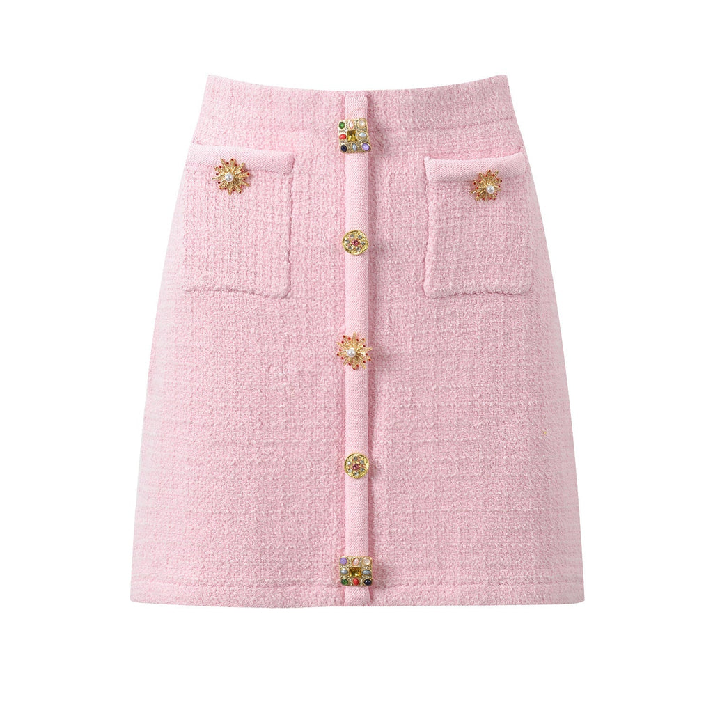 Lenora High Waist Tweed Crystal Button Up Skirt - ALLARA