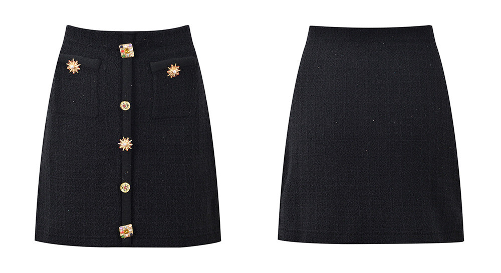 Lenora High Waist Tweed Crystal Button Up Skirt - ALLARA