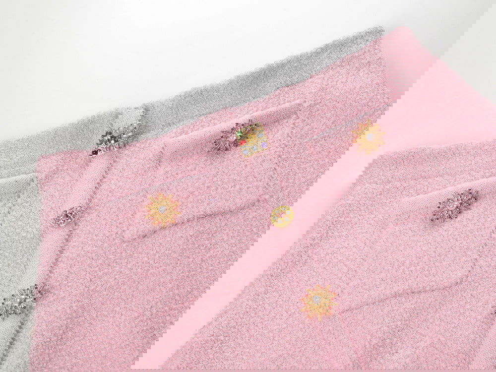 Lenora High Waist Tweed Crystal Button Up Skirt - ALLARA