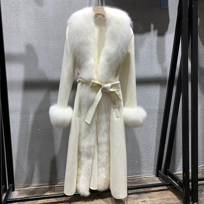 Luciana Beige Fox Fur Collar Cashmere Long Coat - ALLARA