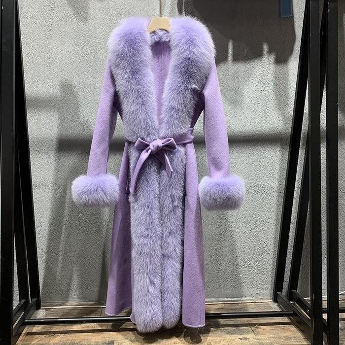 Luciana Lilac Fox Fur Collar Cashmere Long Coat - ALLARA