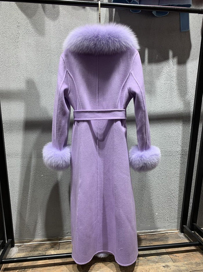 Luciana Lilac Fox Fur Collar Cashmere Long Coat - ALLARA