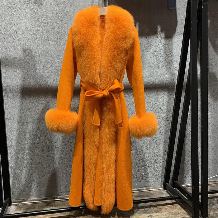 Luciana Orange Fox Fur Collar Cashmere Long Coat - ALLARA