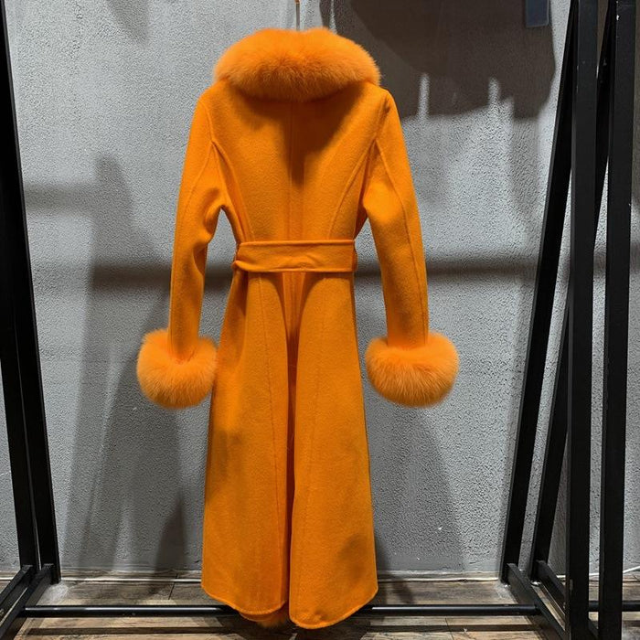 Luciana Orange Fox Fur Collar Cashmere Long Coat - ALLARA