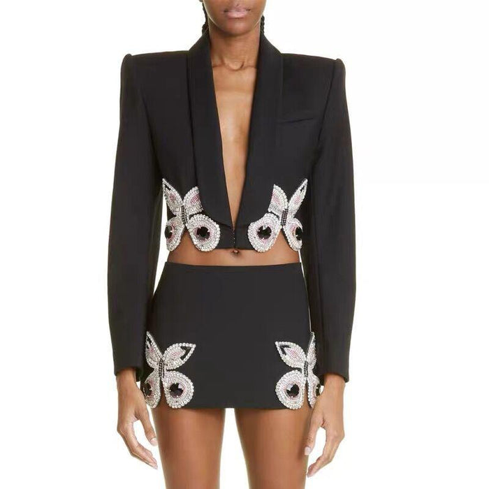 Madeline Black Crystal Butterfly Black Blazer and Mini Skirt Two Piece Set - ALLARA