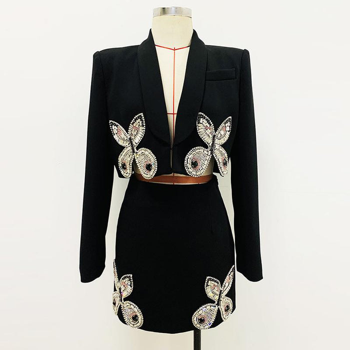 Madeline Black Crystal Butterfly Black Blazer and Mini Skirt Two Piece Set - ALLARA