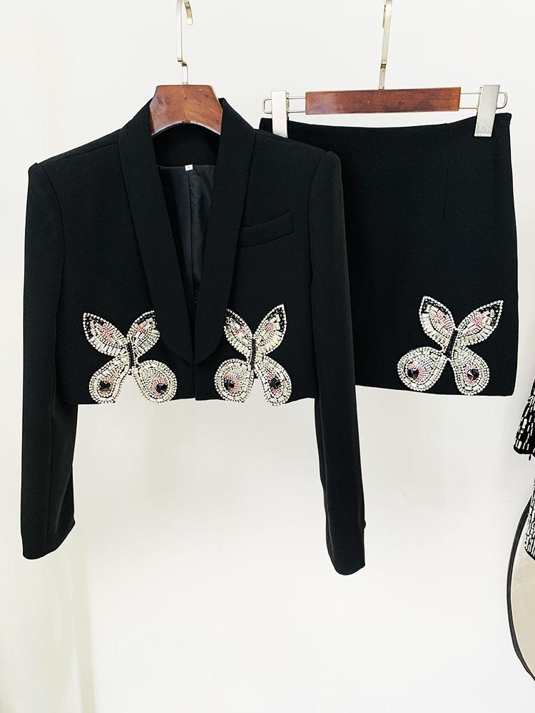 Madeline Black Crystal Butterfly Black Blazer and Mini Skirt Two Piece Set - ALLARA