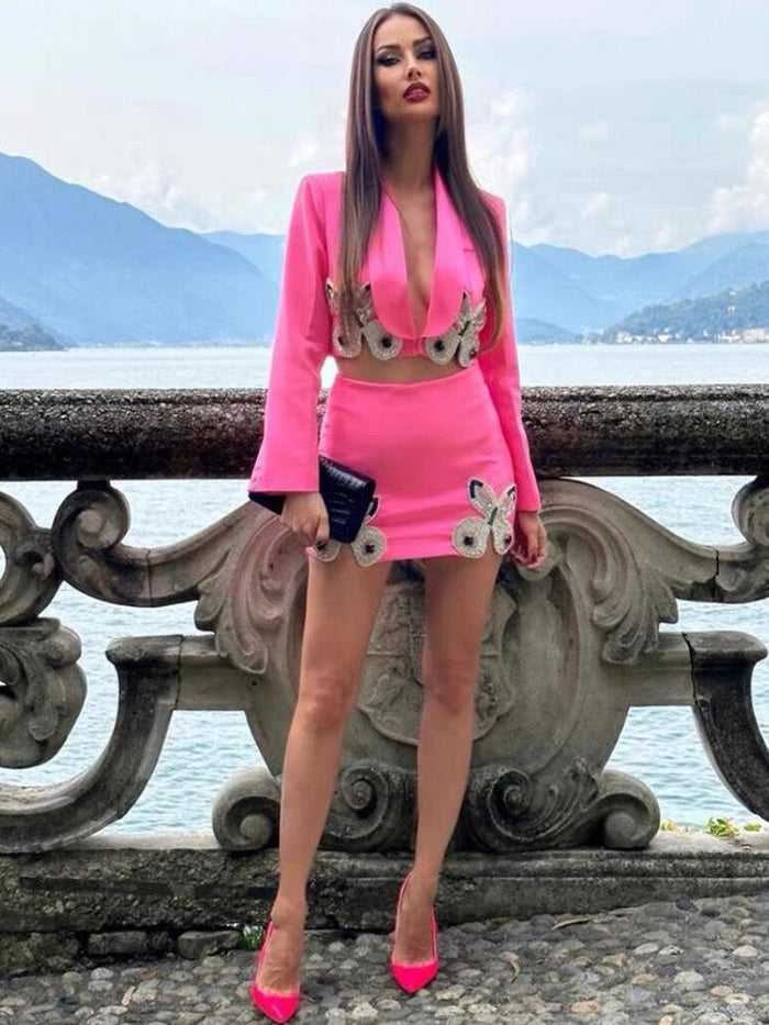 Madeline Blazer and Mini Skirt Set with Crystal Butterflies