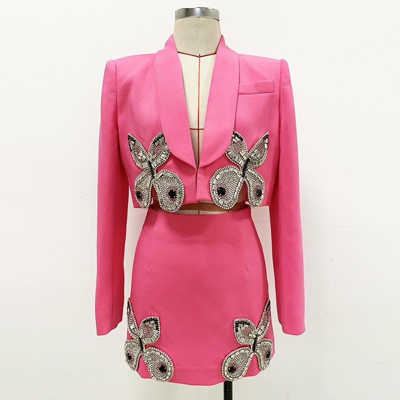 Madeline Pink Crystal Butterfly Black Blazer and Mini Skirt Two Piece Set - ALLARA