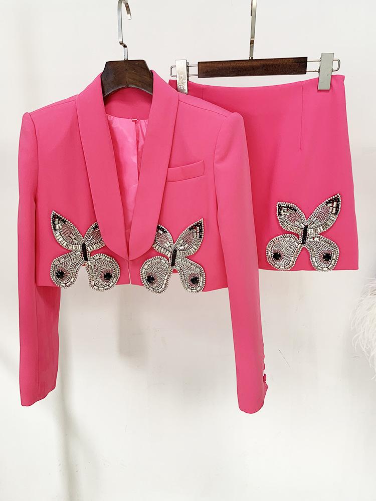 Madeline Pink Crystal Butterfly Black Blazer and Mini Skirt Two Piece Set - ALLARA