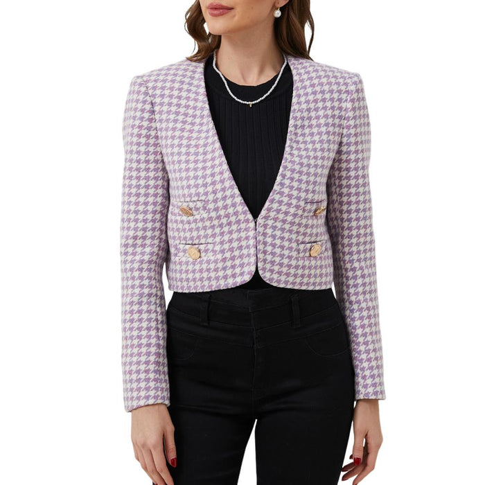 Magnolia Purple Plaid Tweed Houndstooth Cropped Jacket - ALLARA