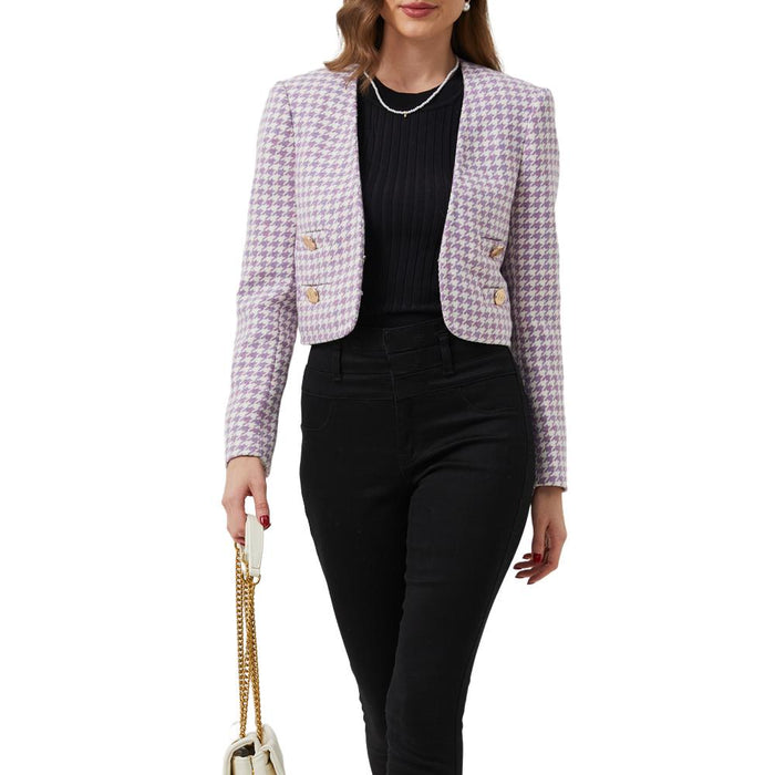 Magnolia Purple Plaid Tweed Houndstooth Cropped Jacket - ALLARA