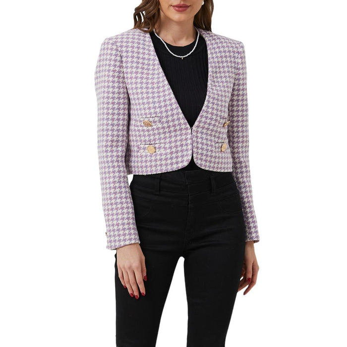 Magnolia Purple Plaid Tweed Houndstooth Cropped Jacket - ALLARA