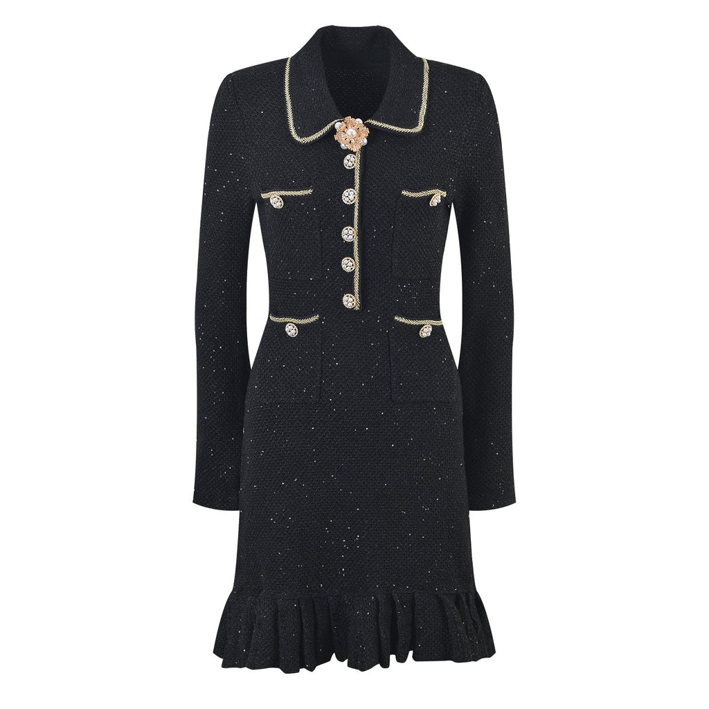 Marlowe Crystal Button Up Long Sleeve Tweed Mini Dress - ALLARA