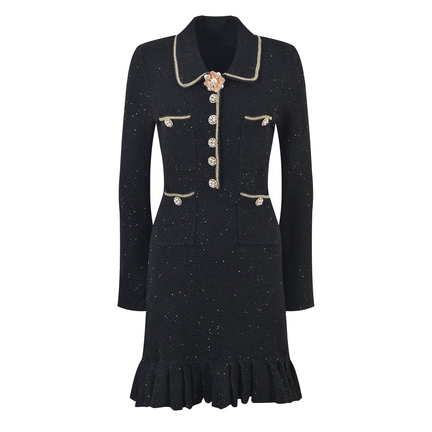 Marlowe Crystal Button Up Long Sleeve Tweed Mini Dress - ALLARA