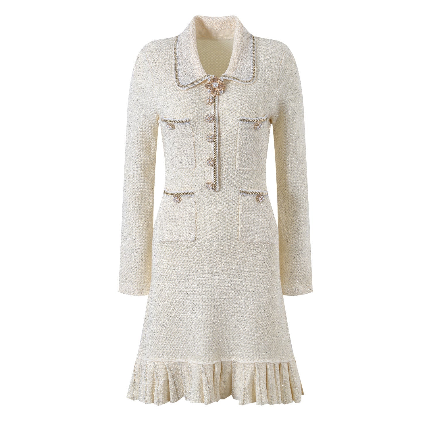 Marlowe Crystal Button Up Long Sleeve Tweed Mini Dress - ALLARA