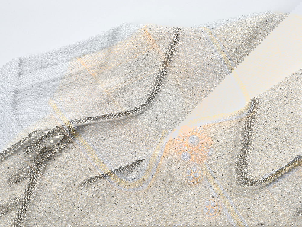 Marlowe Crystal Button Up Long Sleeve Tweed Mini Dress - ALLARA