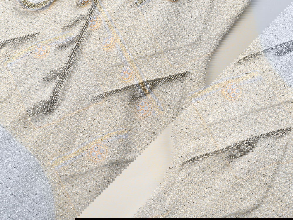 Marlowe Crystal Button Up Long Sleeve Tweed Mini Dress - ALLARA