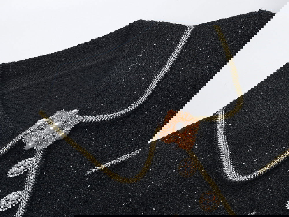 Marlowe Crystal Button Up Long Sleeve Tweed Mini Dress - ALLARA