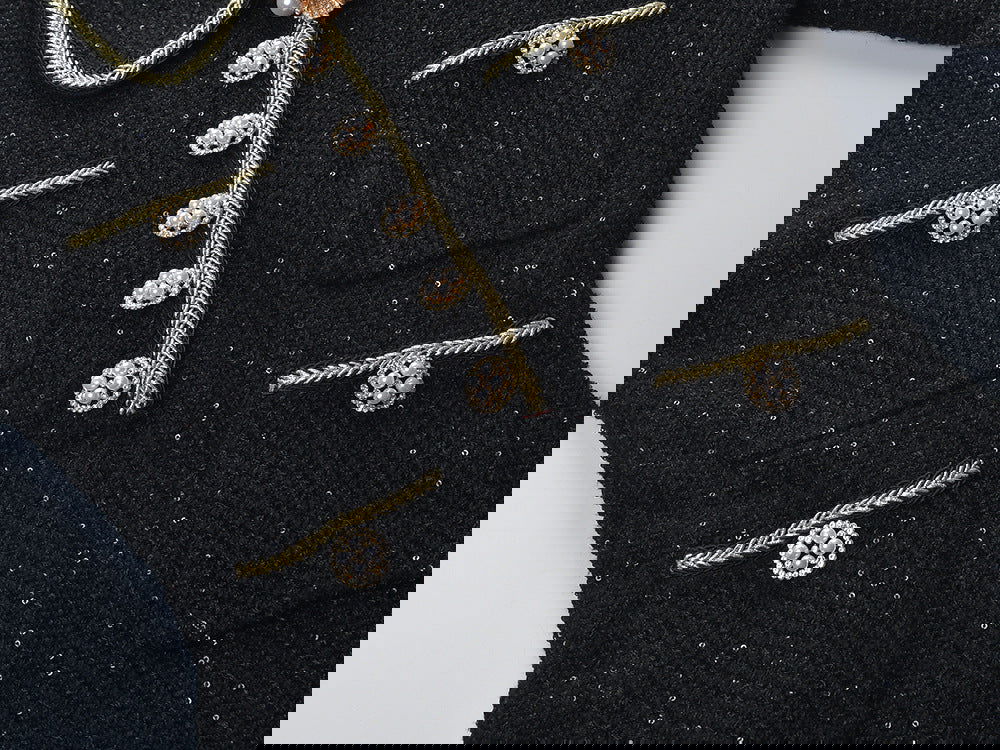 Marlowe Crystal Button Up Long Sleeve Tweed Mini Dress - ALLARA