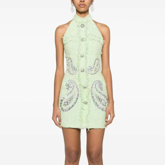 Mint Halter Neck Tweed Crystal Embellished Mini Dress - ALLARA