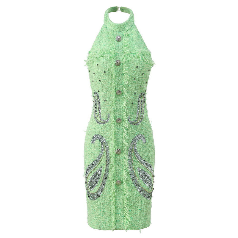 Mint Halter Neck Tweed Crystal Embellished Mini Dress - ALLARA