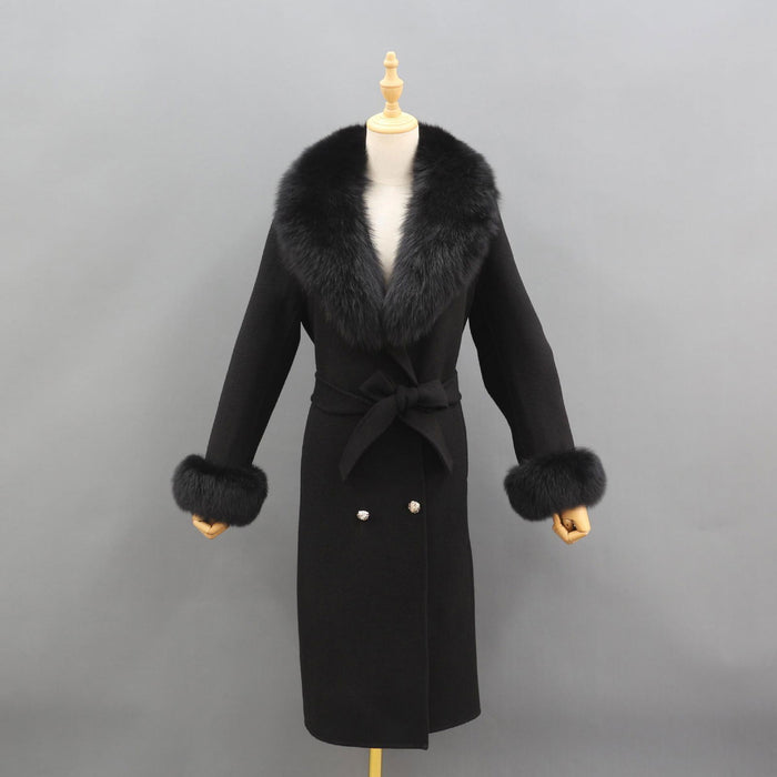 Naomi Black Fox Fur Collar Wool Pea Coat - ALLARA