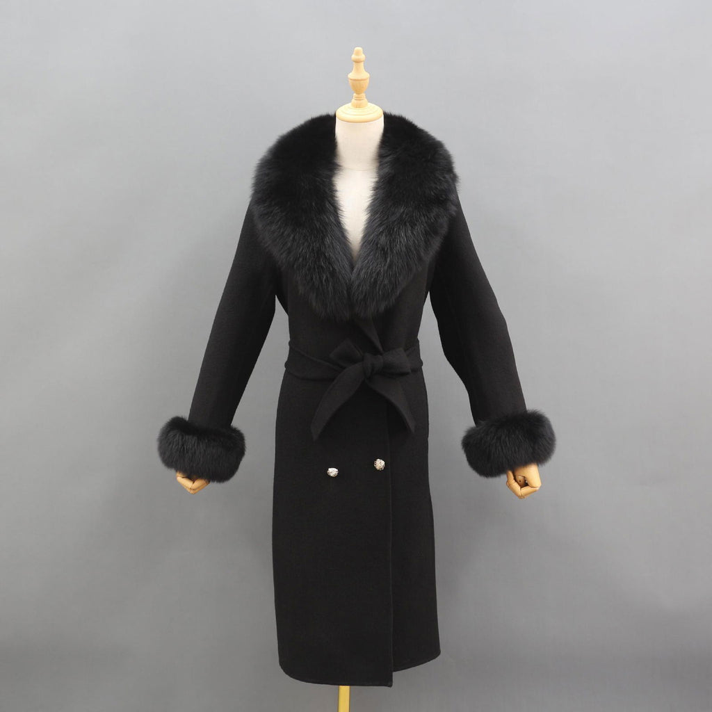 Naomi Wool Pea Coat with Detachable Fox Fur Collar and Cuffs