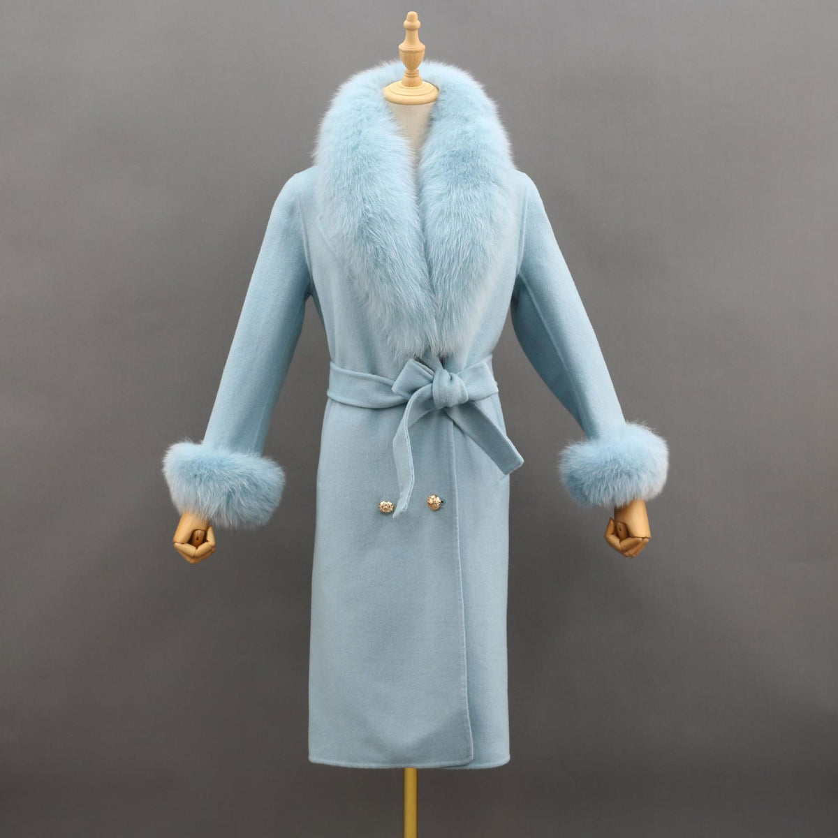 Naomi Blue Fox Fur Collar Wool Pea Coat - ALLARA