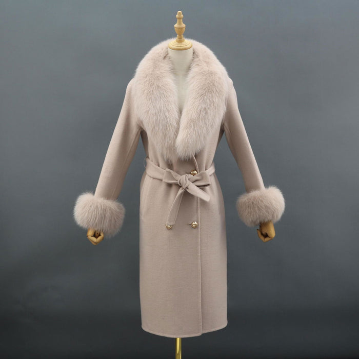 Naomi Khaki Fox Fur Collar Wool Pea Coat - ALLARA