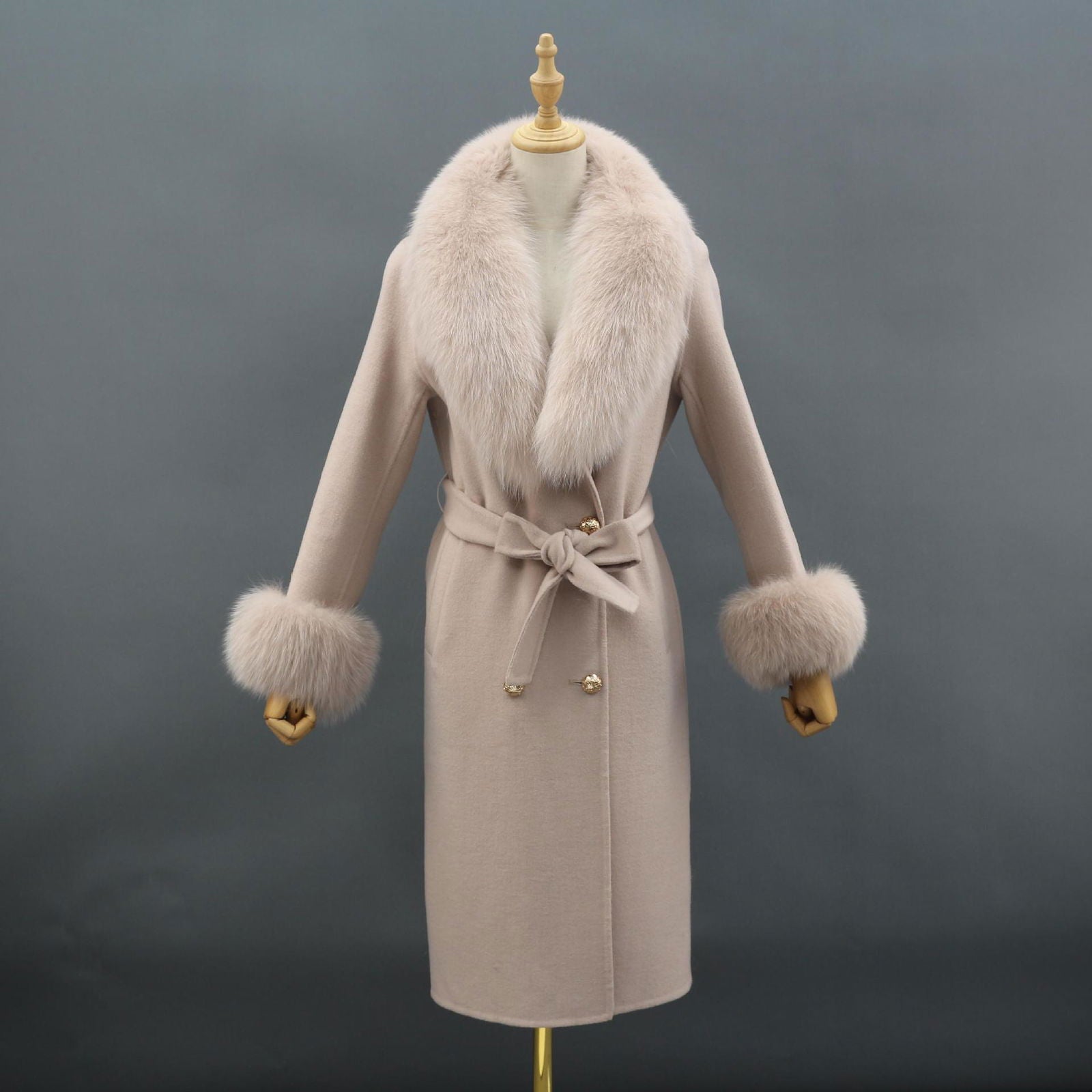 Naomi Wool Pea Coat with Detachable Fox Fur Collar and Cuffs