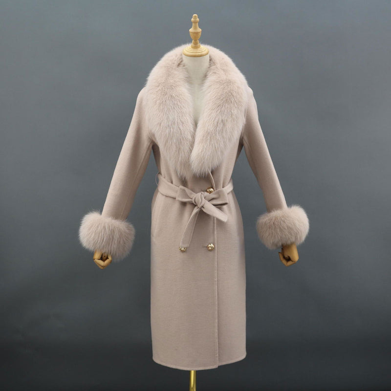 Naomi Khaki Fox Fur Collar Wool Pea Coat - ALLARA