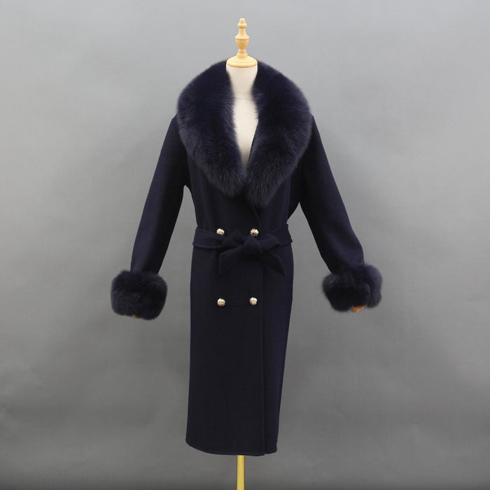 Naomi Navy Blue Fox Fur Collar Wool Pea Coat - ALLARA