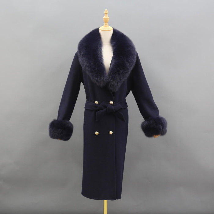 Naomi Navy Blue Fox Fur Collar Wool Pea Coat - ALLARA