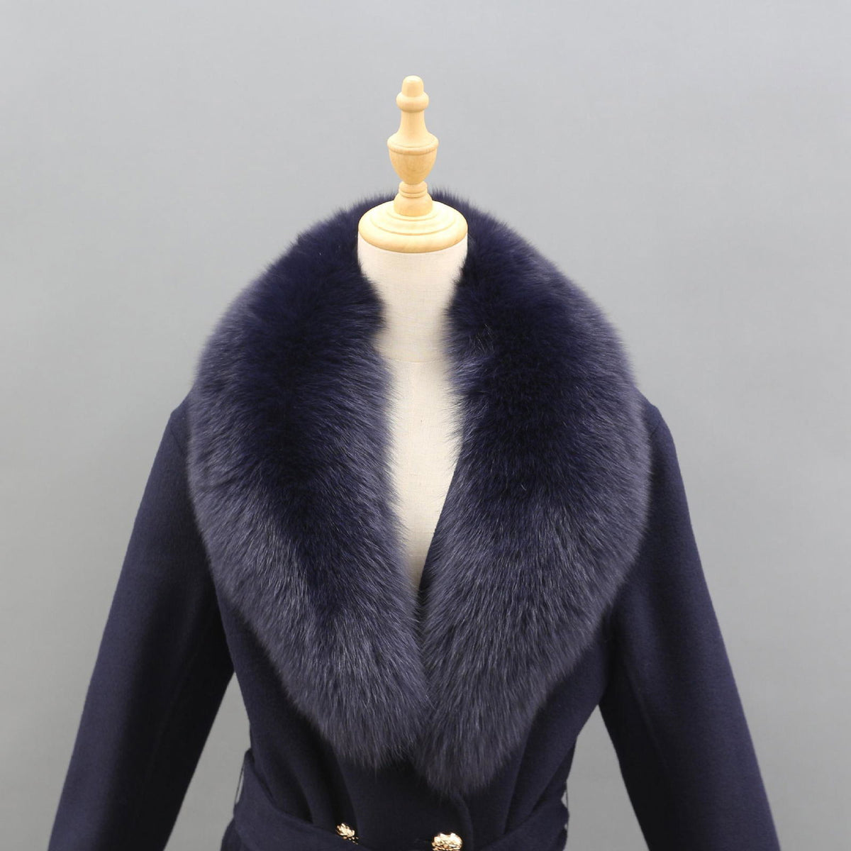 Naomi Navy Blue Fox Fur Collar Wool Pea Coat - ALLARA