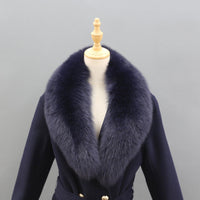 Naomi Navy Blue Fox Fur Collar Wool Pea Coat - ALLARA