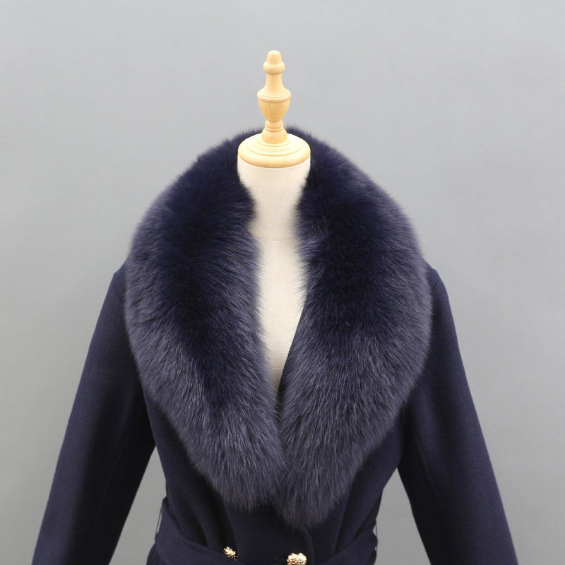 Naomi Navy Blue Fox Fur Collar Wool Pea Coat - ALLARA
