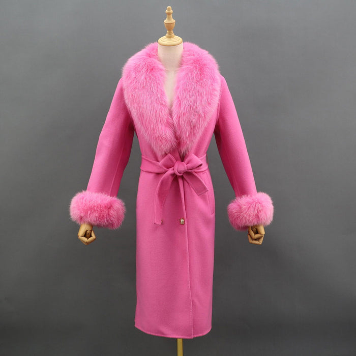 Naomi Pink Fox Fur Collar Wool Pea Coat - ALLARA