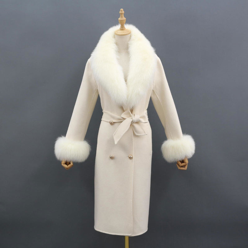 Naomi White Fox Fur Collar Wool Pea Coat - ALLARA