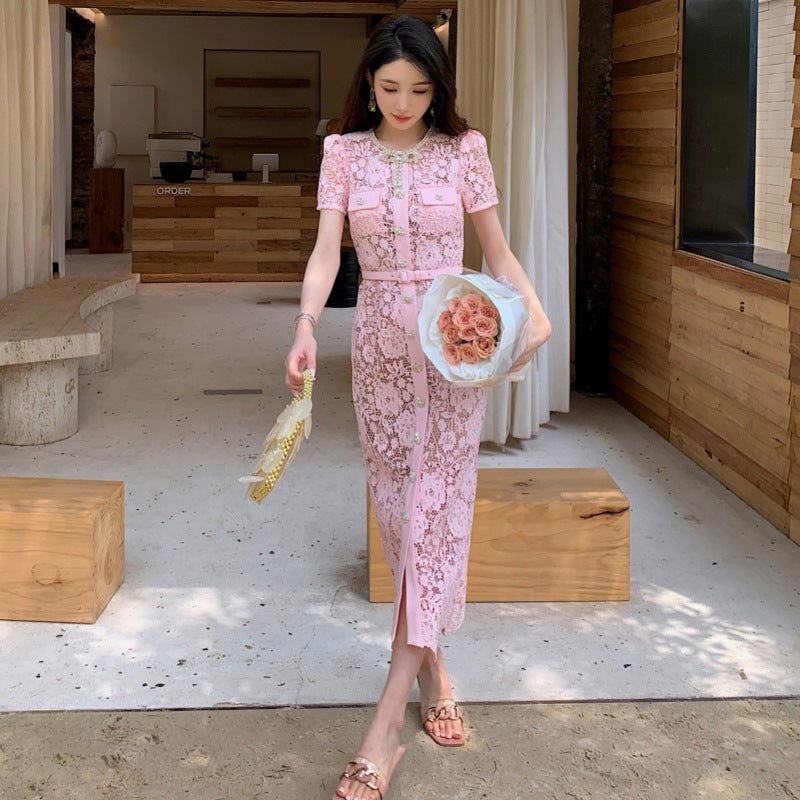 Nerissa Pink Lace Crystal Button Up Midi Dress - ALLARA