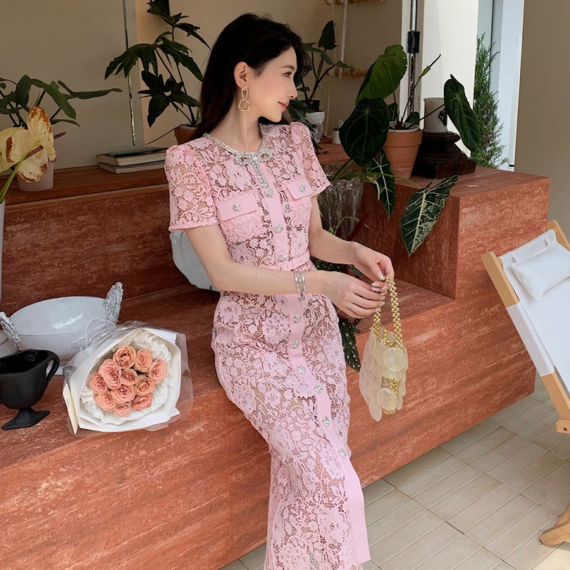 Nerissa Pink Lace Crystal Button Up Midi Dress - ALLARA