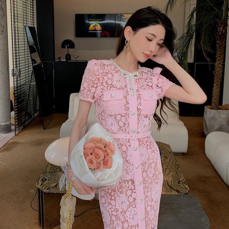 Nerissa Pink Lace Crystal Button Up Midi Dress - ALLARA