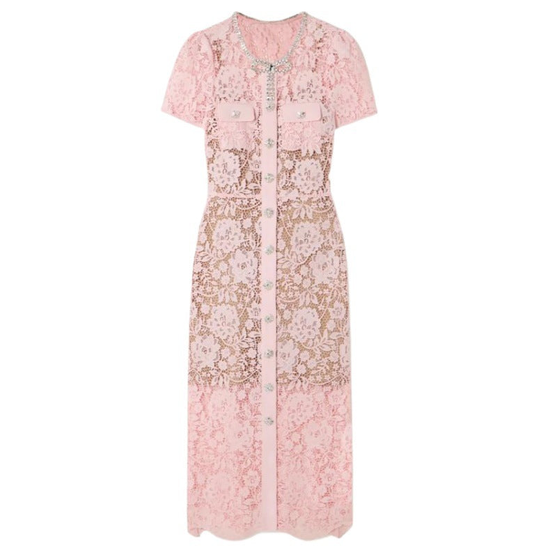 Nerissa Pink Lace Crystal Button Up Midi Dress - ALLARA