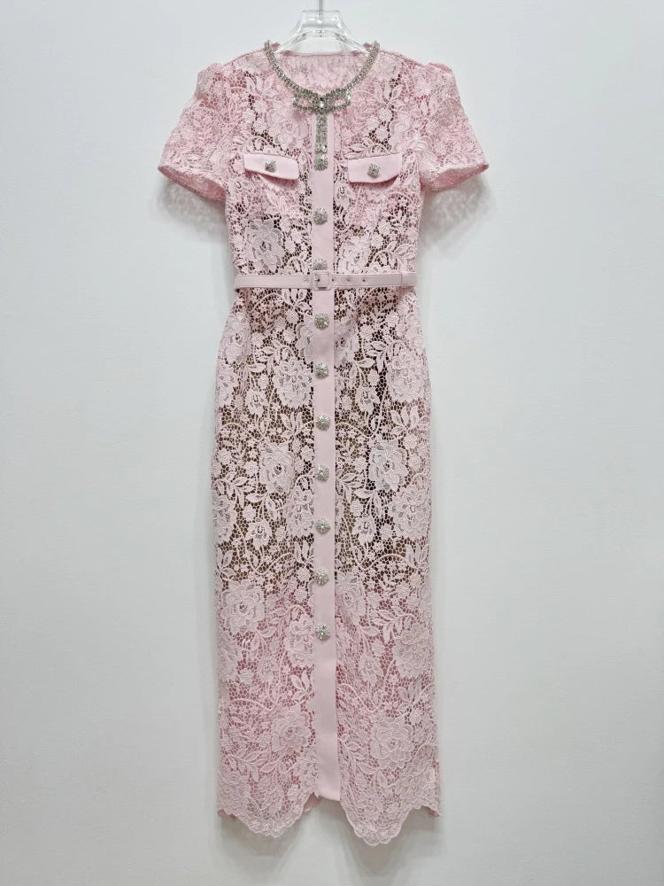 Nerissa Pink Lace Crystal Button Up Midi Dress - ALLARA